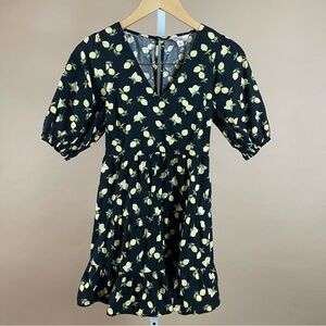 Miss Selfridge Petite 0 Poplin Mini Dress Lemons Puff Sleeve Ruffle Boho Cottage